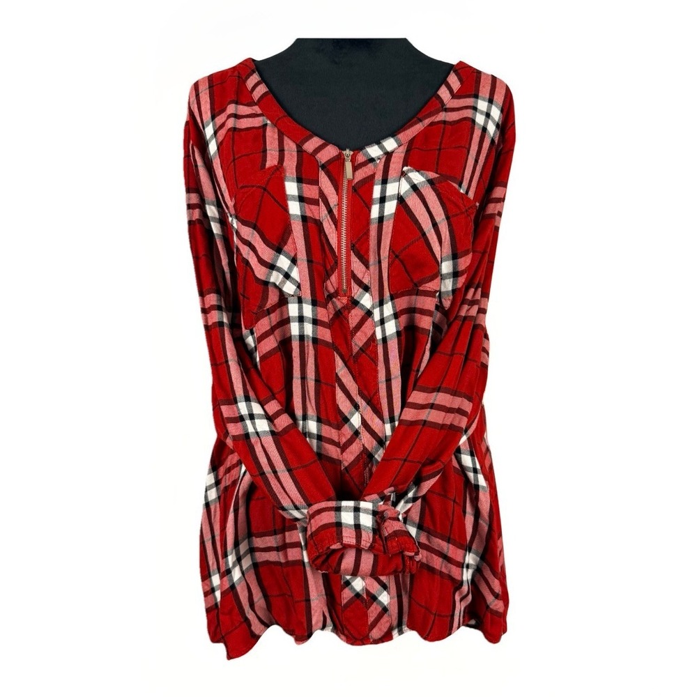 Est 1949 Red Plaid Boho Tunic Top Plus Size 22/24 Zip Neck Rayon Shirt